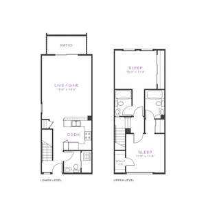Modern dual-level floor plan featuring two spacious bedrooms, an open living and dining area, a stylish kitchen, and a relaxing patio.