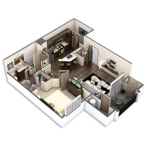 Modern 3D apartment floor plan featuring an open-concept layout with a cozy living room, stylish kitchen, spacious bedroom, and a well-appointed bathroom.