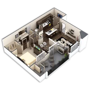 Modern 3D floor plan showcasing a cozy one-bedroom apartment with open living area, sleek kitchen, and private balcony.