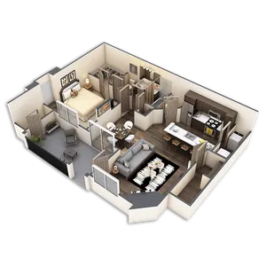 Modern 3D apartment floor plan featuring one bedroom, an open-concept living and dining area, and a sleek kitchen with island seating. Includes a spacious balcony perfect for relaxation.