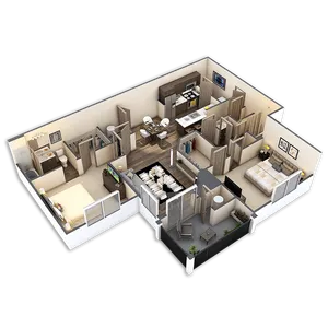 Modern 3D floor plan showcasing 3 bedrooms, a stylish open-concept kitchen, and a cozy living area with balcony access.