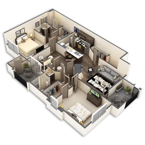 Elegant 3D floor plan showcasing 2 bedrooms, an open-concept living and dining area, modern kitchen, and private patio, perfect for stylish urban living.
