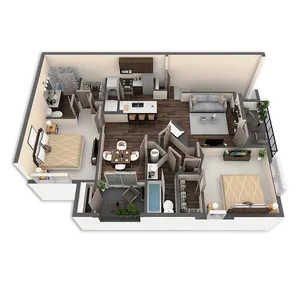 Elegant 3D floor plan showcasing two spacious bedrooms, a modern kitchen, cozy living room, and stylish bathroom layout with contemporary design elements.