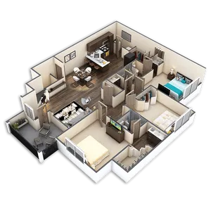 Modern 3D floor plan showcasing 3 spacious bedrooms, an open-layout living and dining area, a sleek kitchen, and a cozy balcony perfect for relaxation.