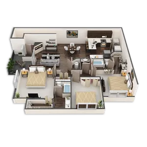 Modern 3D floor plan showcasing a spacious 3-bedroom apartment with open-concept living and dining area, and private balcony.