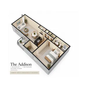 The Addison 3D floor plan featuring 1 cozy bedroom, 1 modern bathroom, and an elegant open-plan living area on the second floor, offering comfort and convenience at Woodcrest.
