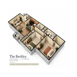 The Berkley 3D floor plan showcasing 2 bedrooms, inviting living area, modern kitchen, and convenient bathroom on the first floor. Comfort meets convenience at Woodcrest.