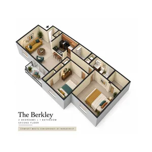 The Berkley stylish 3D floor plan showcasing 2 bedrooms, 1 bathroom, and an elegant open-concept living space with a cozy balcony. Located on the second floor, offering comfort and convenience at Woodcrest.
