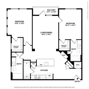 Modern apartment floor plan with 2 spacious bedrooms, a sleek kitchen, and open living/dining area featuring a balcony.