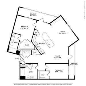 Chic floor plan showcasing 2 bedrooms, open kitchen with island, and spacious living area leading to dual balconies.