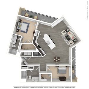 Modern floor plan showcasing 2 roomy bedrooms, expansive open-concept living and dining area, stylish kitchen with island, and a luxurious bathroom, complete with a spacious balcony for outdoor relaxation.
