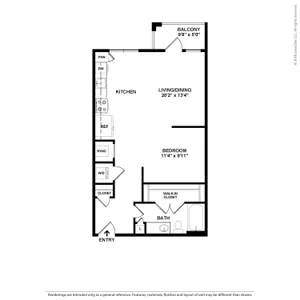 Modern floor plan showcasing an open-concept living and dining area leading to a balcony, a well-equipped kitchen, a cozy bedroom with walk-in closet, and a stylish bathroom.