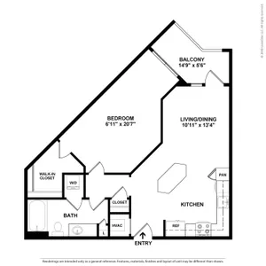 Contemporary floor plan showcasing a sleek one-bedroom apartment with open living/dining area, modern kitchen, spacious balcony, and convenient walk-in closet.