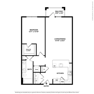 Modern 2D floor plan showcasing a spacious 1-bedroom layout with open-concept living/dining area, walk-in closet, and private balcony.