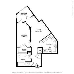 Modern floor plan showcasing a spacious bedroom with walk-in closet, large living area, sleek kitchen with pantry, and a cozy balcony.