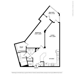 Modern apartment floor plan with one spacious bedroom, large living area, stylish kitchen, and balcony. Includes a walk-in closet and convenient laundry space.
