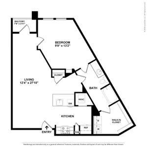 Elegant apartment floor plan with one bedroom, spacious living room, kitchen, and a cozy balcony, featuring modern amenities and a walk-in closet.