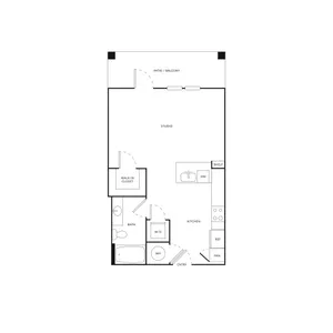Chic studio apartment floor plan with open living area, modern kitchen, and private patio. Features include walk-in closet, bath, and in-unit washer/dryer.