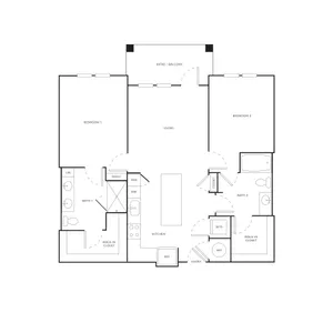Modern 2-bedroom floor plan featuring open living space, two bathrooms, and a spacious kitchen with an island, complete with a patio for outdoor relaxation.