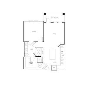 Elegant floor plan featuring 1 bedroom, spacious living area, modern kitchen with island, and private patio/balcony.