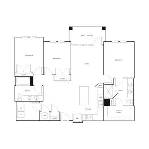 Modern floor plan showcasing 3 bedrooms, spacious living area, gourmet kitchen, and two sleek bathrooms with access to balcony.