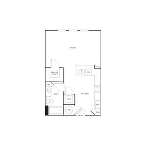 Efficient studio apartment floor plan featuring an open space, modern kitchen, walk-in closet, and full bathroom.