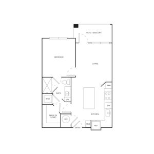 Contemporary floor plan featuring a bedroom, spacious living area, modern kitchen, walk-in closet, and patio access.