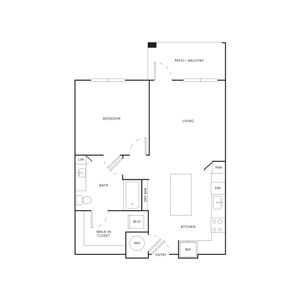 Modern floor plan showcasing a spacious 1-bedroom apartment with open living area, stylish kitchen with pantry, and private patio.