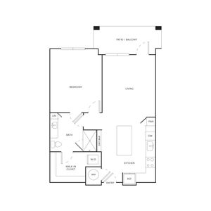 Modern floor plan showcasing one bedroom, open living area, stylish kitchen, and balcony access.