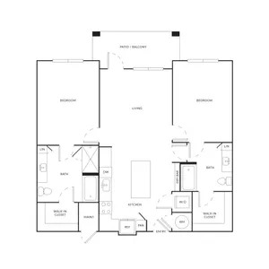 Modern floor plan showcasing 2 bedrooms, spacious living area, kitchen with dry bar, 2 baths, walk-in closets, and balcony access.