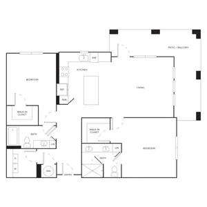 Elegant floor plan featuring 2 spacious bedrooms, open living area, modern kitchen, and large patio balcony.