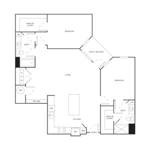Modern floor plan with 2 elegant bedrooms, spacious living area, patio balcony, and gourmet kitchen.