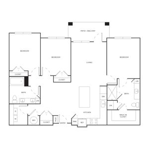 Modern floor plan highlighting 3 bedrooms, spacious living area, open kitchen, and a charming patio/balcony.