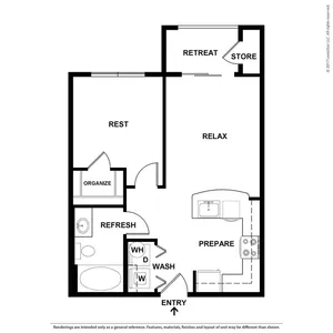 Modern apartment floor plan featuring a flexible retreat space, spacious relax area, and efficient kitchen. Includes rest area, organize closet, and refresh bathroom.