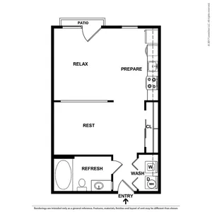 Modern floor plan showcasing a stylish open-concept living space with patio access, a sleek kitchen, and a luxurious bathroom.