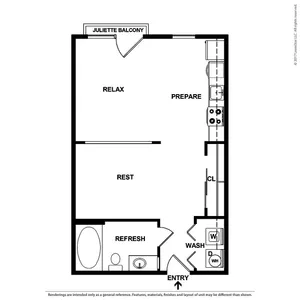 Chic studio floor plan featuring Juliette balcony, open living space, and modern kitchen amenities.