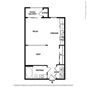 Modern floor plan featuring a spacious one-bedroom layout with a relaxing living area, functional kitchen, inviting patio, and convenient storage.