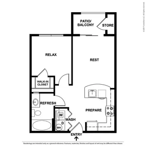 Modern floor plan featuring a spacious rest area, open kitchen for preparing meals, inviting living space for relaxation, and a balcony for outdoor enjoyment.