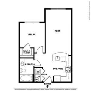 Modern floor plan showcasing a spacious apartment with one bedroom, walk-in closet, open kitchen, and inviting living area.