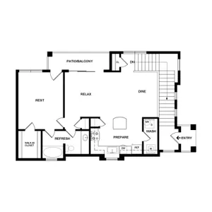 Modern floor plan showcasing a spacious open-concept area with sections labeled for rest, relaxation, dining, and preparation. Includes a walk-in closet, patio/balcony, and a dedicated wash area.
