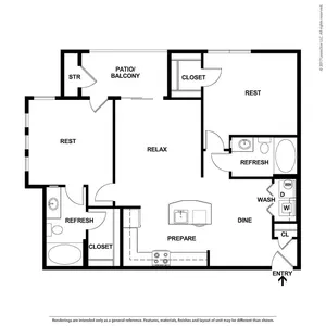 Modern floor plan showcasing a spacious layout with two bedrooms, two bathrooms, an open living and dining area, and a balcony for outdoor relaxation.