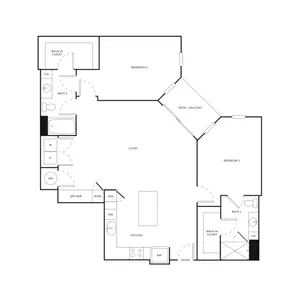 Elegant floor plan featuring 2 bedrooms with walk-in closets, expansive living area, modern kitchen with dry bar and island, 2 baths, and a cozy patio/balcony.