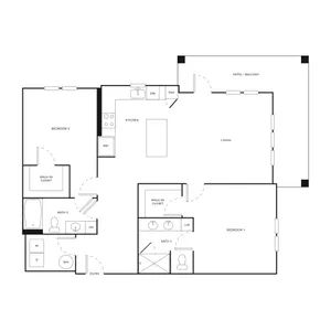 Modern floor plan featuring 2 spacious bedrooms, a large living area, open kitchen, and a patio balcony. Includes dual walk-in closets and 2 bathrooms for convenience.