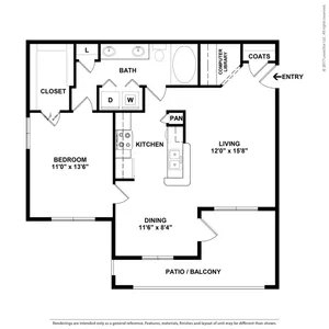 Modern floor plan featuring 1 spacious bedroom, open living and dining area, sleek kitchen, luxurious bath, and a private patio, perfect for stylish living.