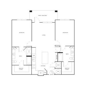 Modern 2D floor plan featuring 2 spacious bedrooms, 2 luxurious bathrooms, and an open-concept living and kitchen area with a patio balcony.