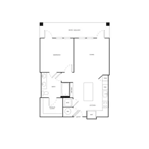 Modern 1-bedroom apartment floor plan with open living space, kitchen, patio, and walk-in closet.
