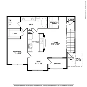 Inviting floor plan showcasing 1 bedroom, 1 bath with a spacious living area, modern kitchen, dining space, and a charming balcony.