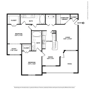 Modern floor plan showcasing 2 spacious bedrooms, a dedicated study, open kitchen, dining area, and inviting living room leading to a patio.