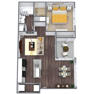 Modern 3D floor plan showcasing a luxurious one-bedroom apartment with open-concept living area, sleek kitchen, cozy dining space, stylish bathroom, and a serene balcony retreat.