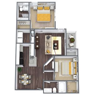 Charming 3D floor plan featuring 2 cozy bedrooms, elegant living area, modern kitchen, and ample storage space.